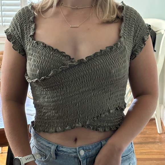 By Together Olive Green Criss Cross Smocked Crop Top - Picture 5 of 5